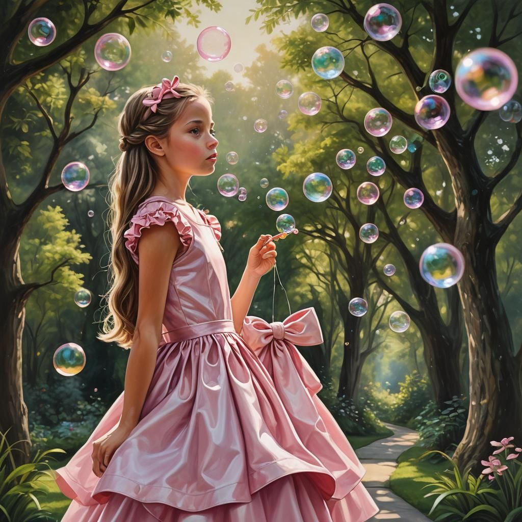 Girl Blowing Bubbles in a Lush Landscape