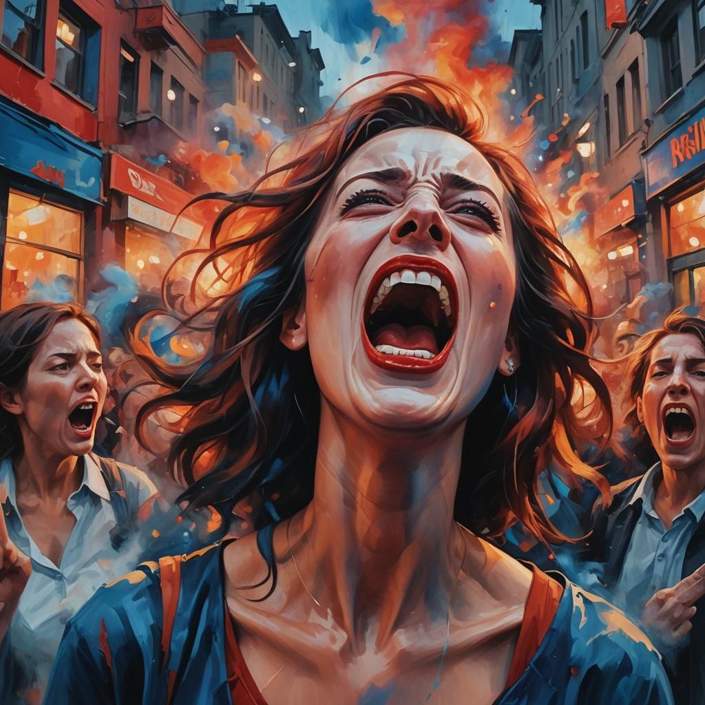 Woman Screaming in City Street: Expressionist Oil Painting