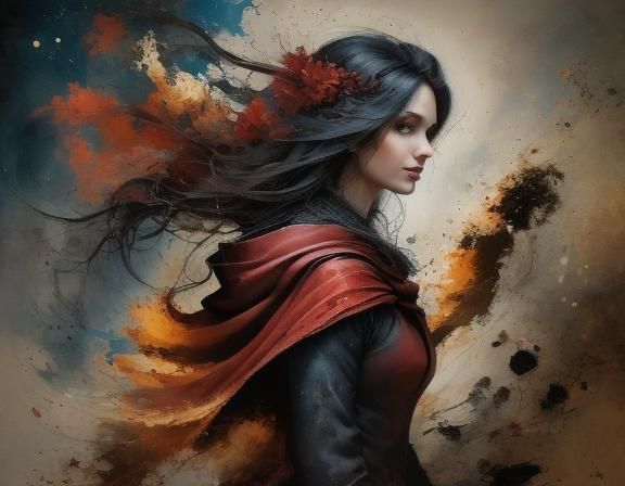 Mysterious Figure in Red Cloak: Kinetic Pointillism