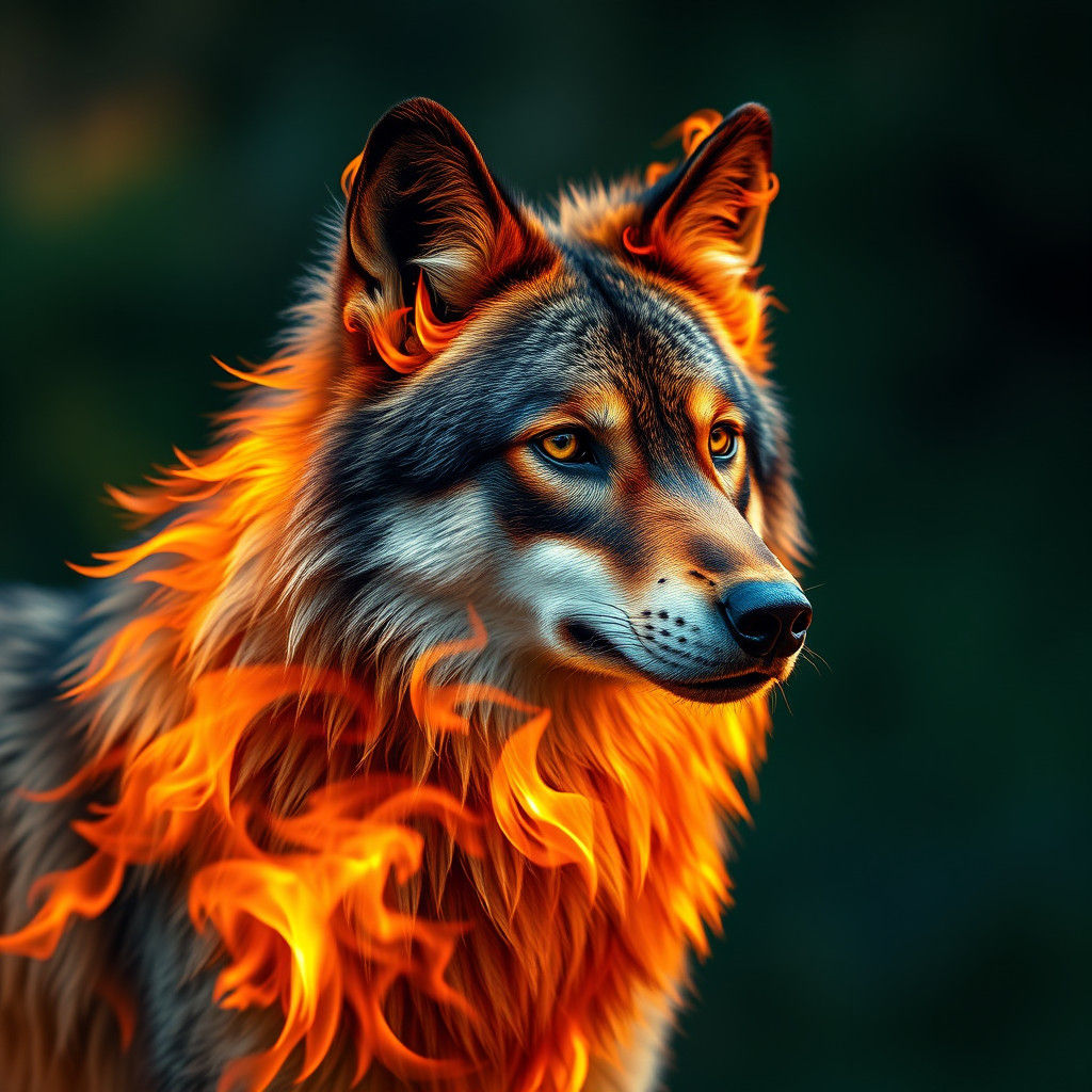 a wolf made completely and flames and fire