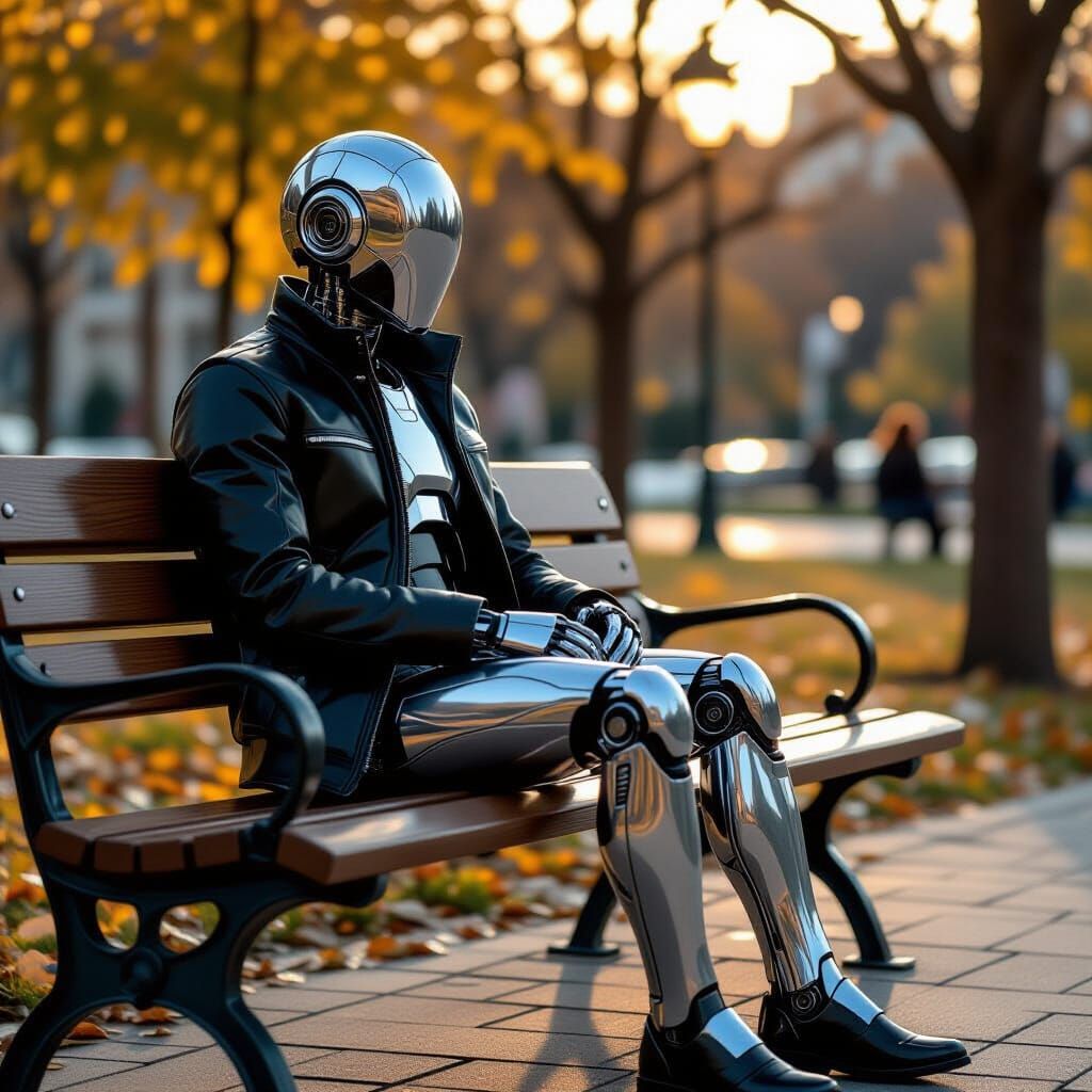 Android in Urban Park, Cinematic Photo