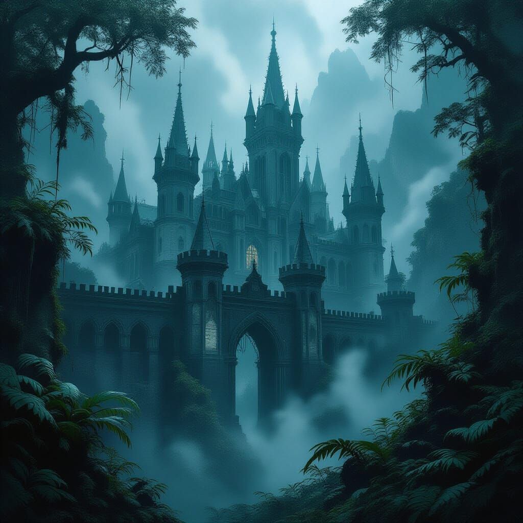 Gothic Castle in Moody Rain-Soaked Jungle Ruins