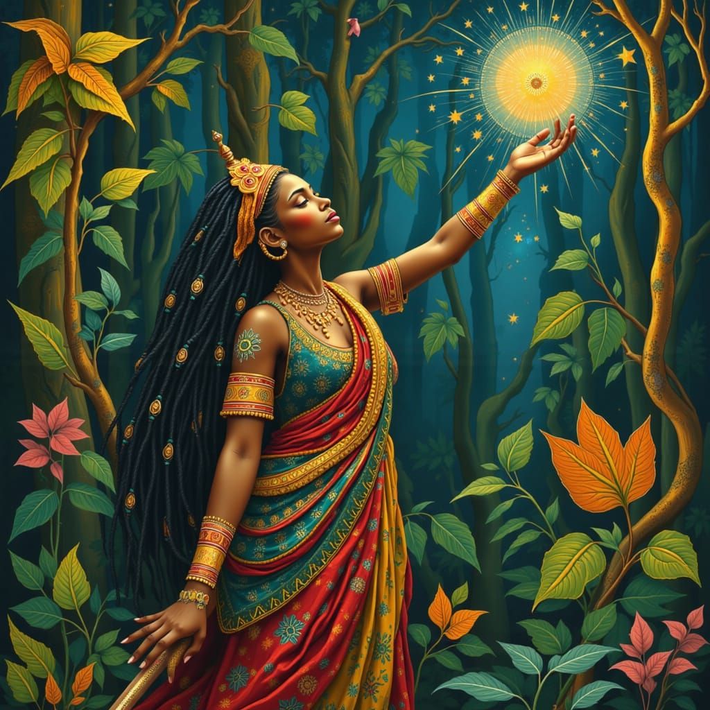 Cosmic African Queen in Folk Art Nouveau Style
