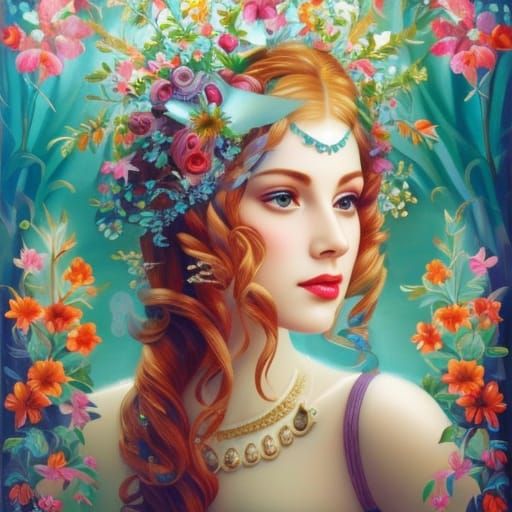 Pointillist Portrait of Girl Among Colorful Flowers