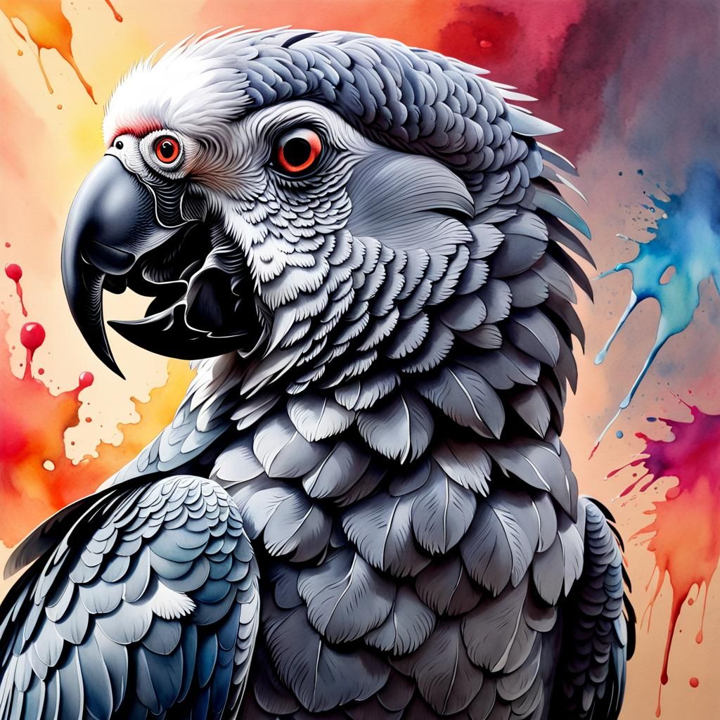 Hyperrealistic Watercolor of an African Grey Parrot