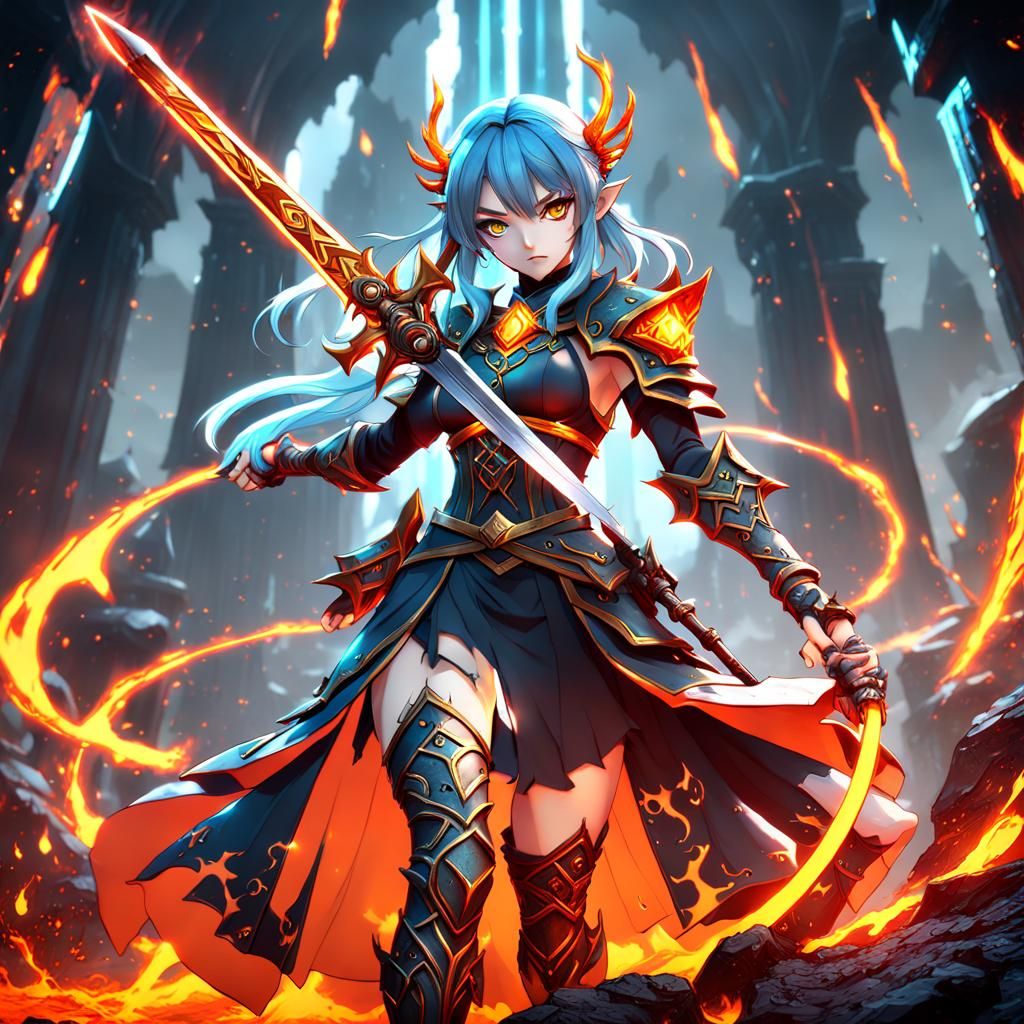 Lava Anime Sword Master Wizard Girl in Fantasy Art