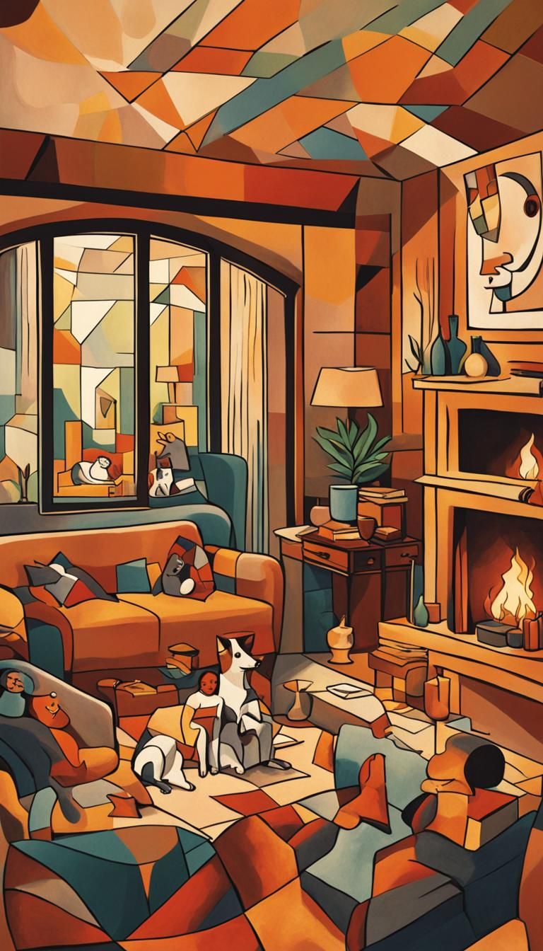 Family in Cubist Living Room with Fireplace