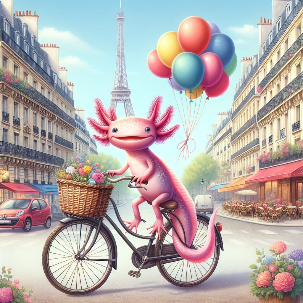 Parisian Axolotl Cyclist in Whimsical Style