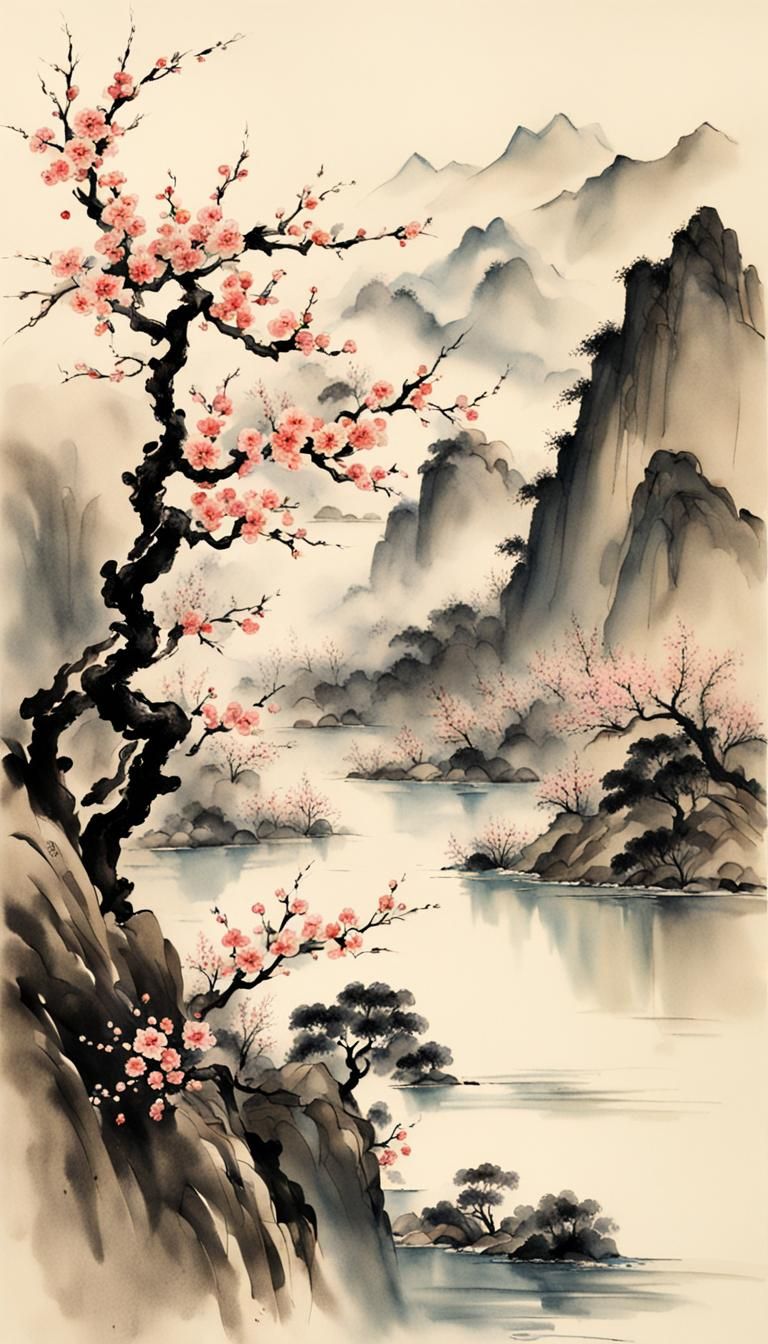 Minimalist Chinese Ink Painting of Apricot Blossoms
