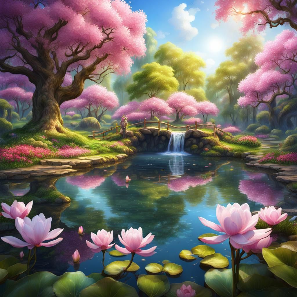 Lush Spring Landscape with Pond in Watercolor Style