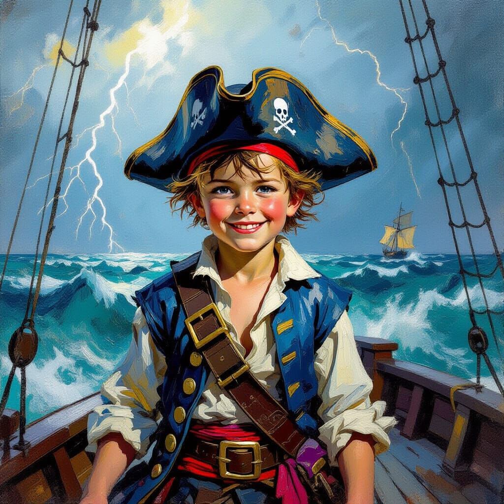 Pirate Boy in Stormy Seas: Impasto Oil Painting
