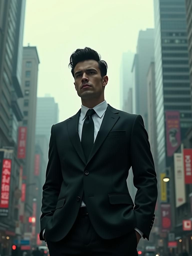 Confident Man in Metropolis: Cinematic Film Still