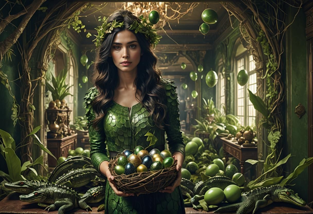 Woman Holding Crocodile Eggs in Luxurious Room