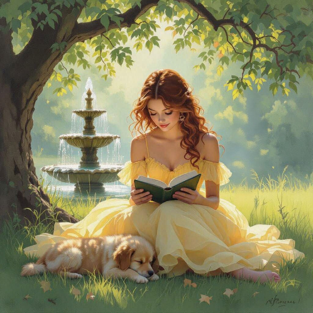 Woman Reading with Puppy, Oil Painting