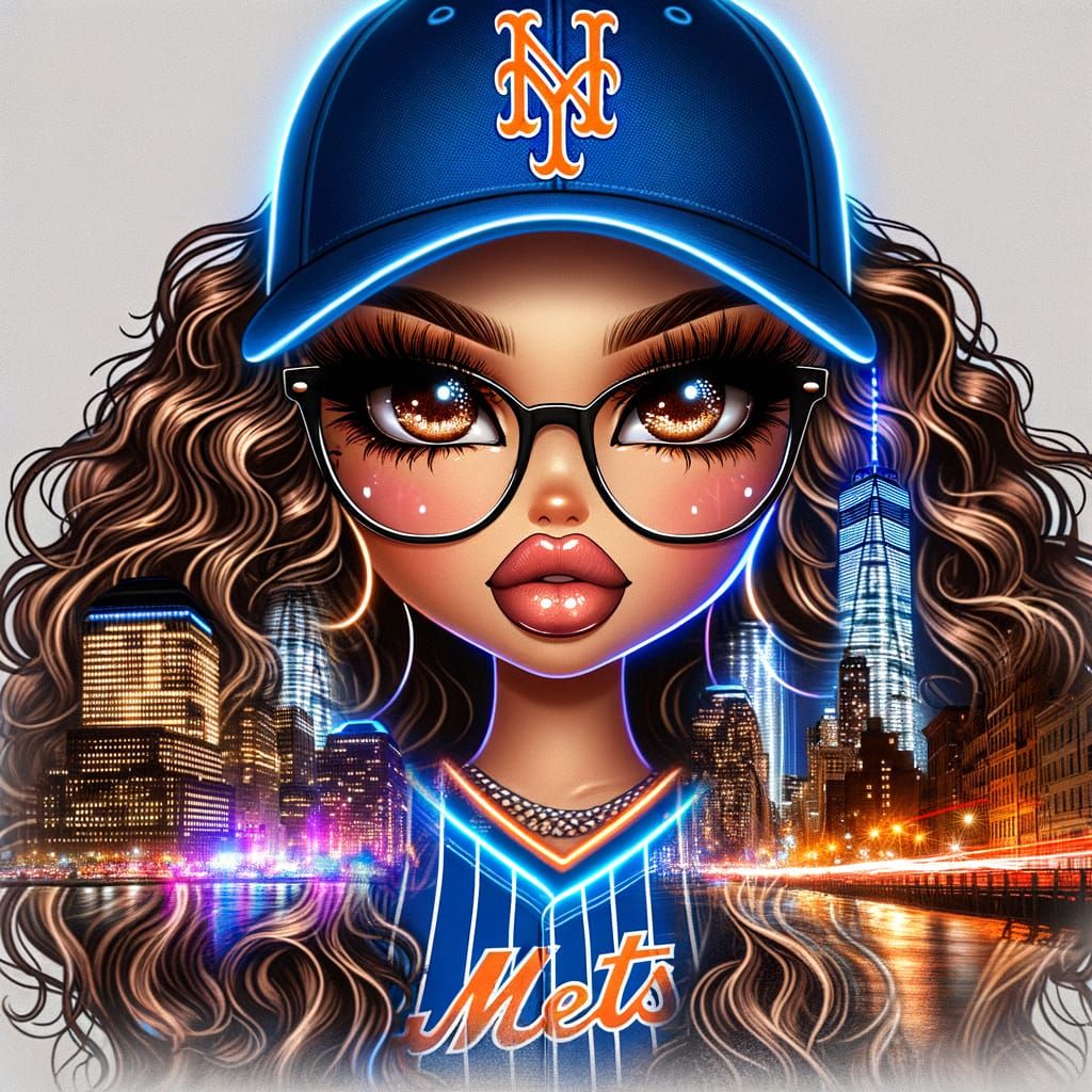 Anime-Inspired New York Mets Fan in Cityscape