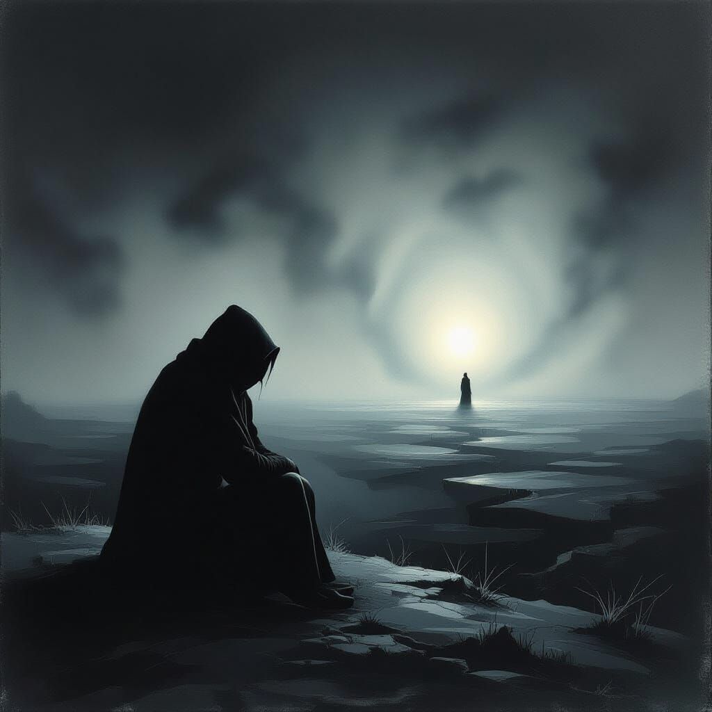 Figure in Shadow Waits for Ethereal Light in Surreal Landsca...
