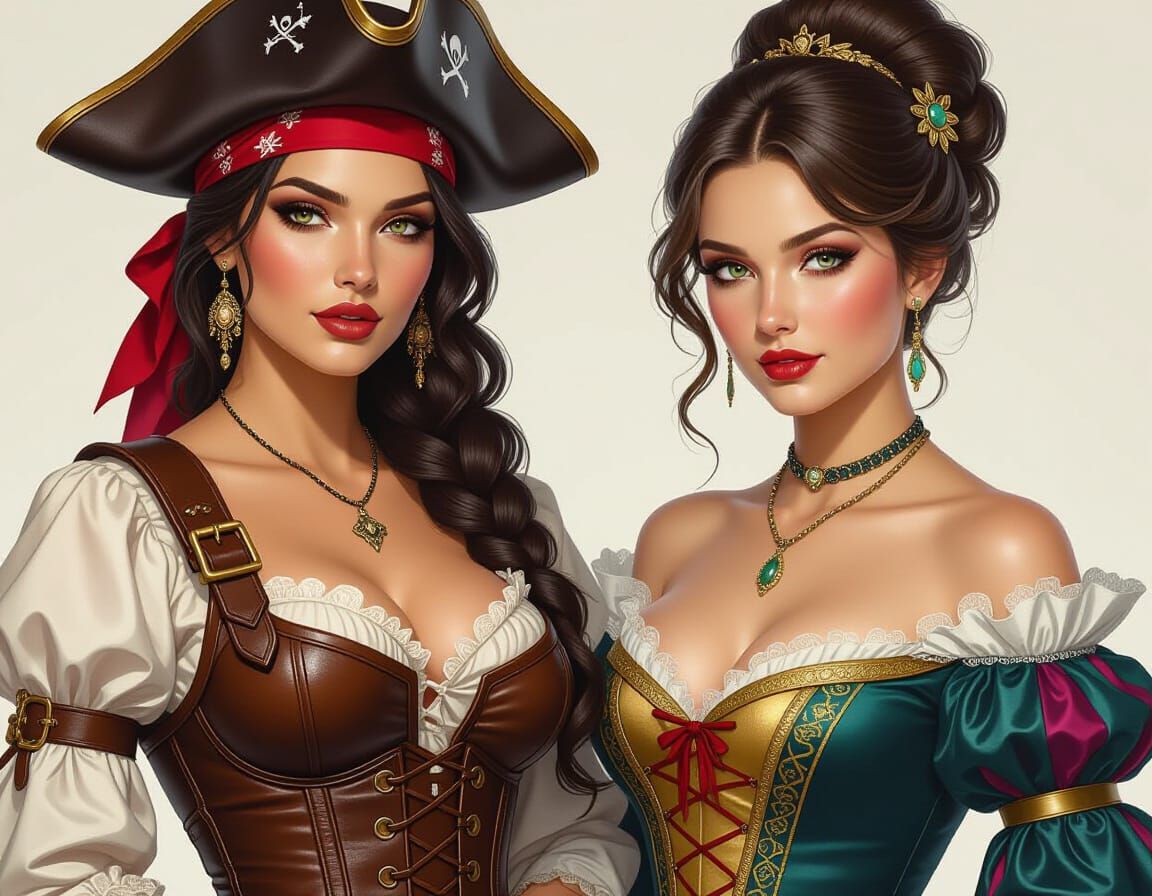 Pirate Woman and Noble Lady in Photorealistic Style