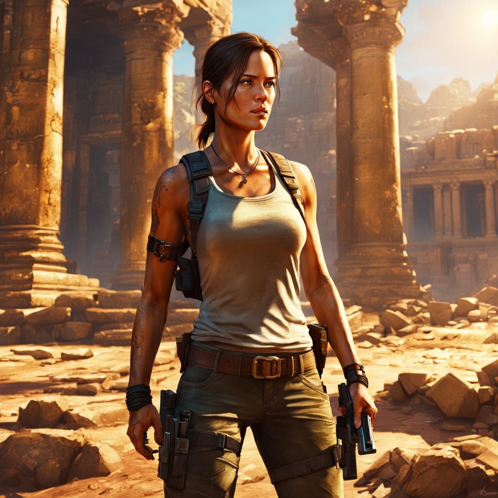 Lara Croft in Temple Ruins: A Realistic Digital Painting