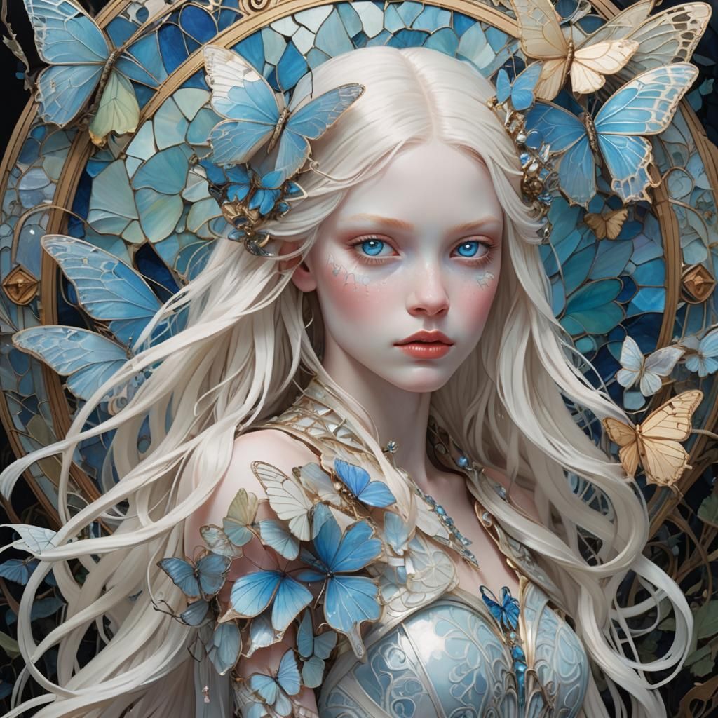 Albino Model with Iridescent Butterfly in Art Nouveau Style