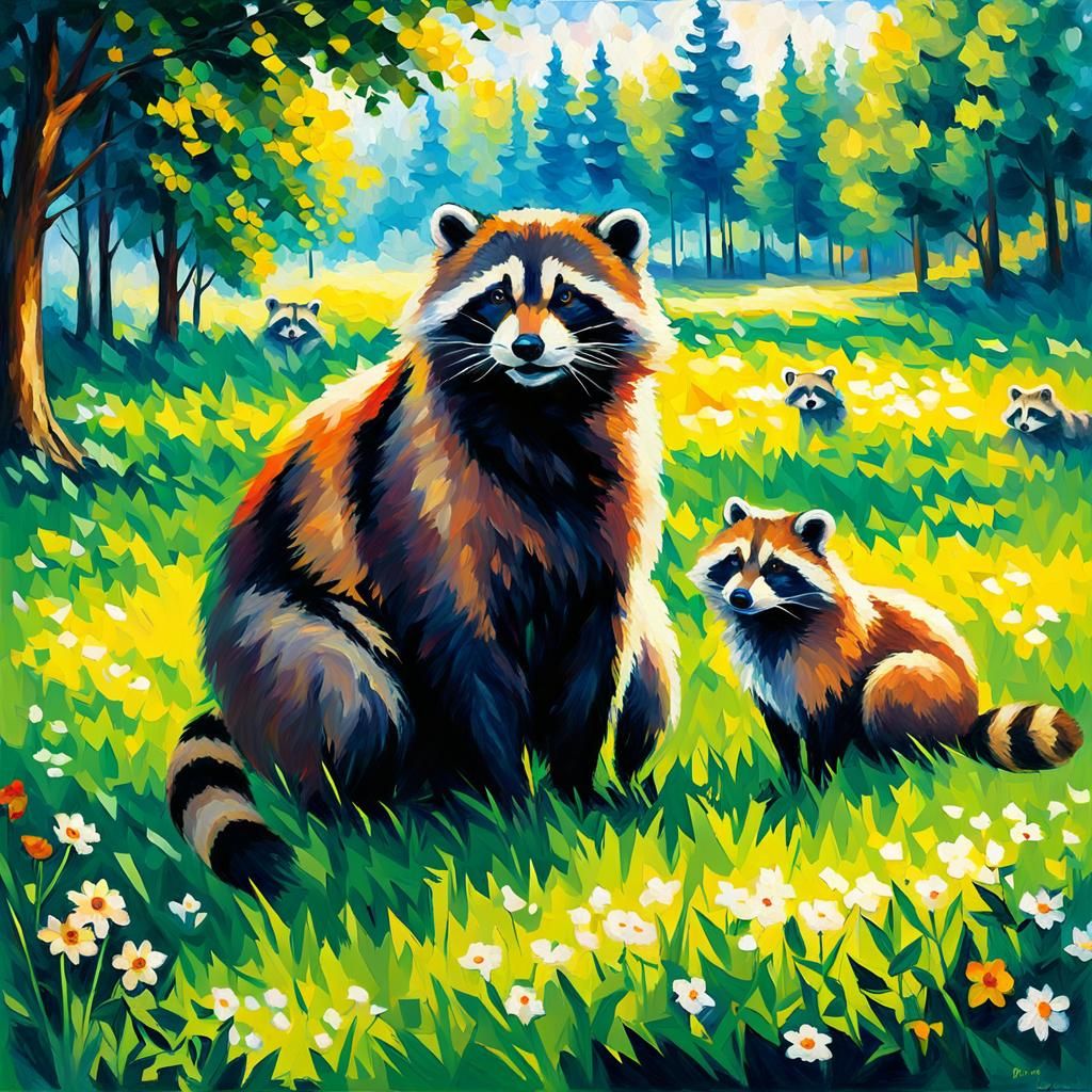 Raccoon in Grass: Impressionistic 8K Rendering