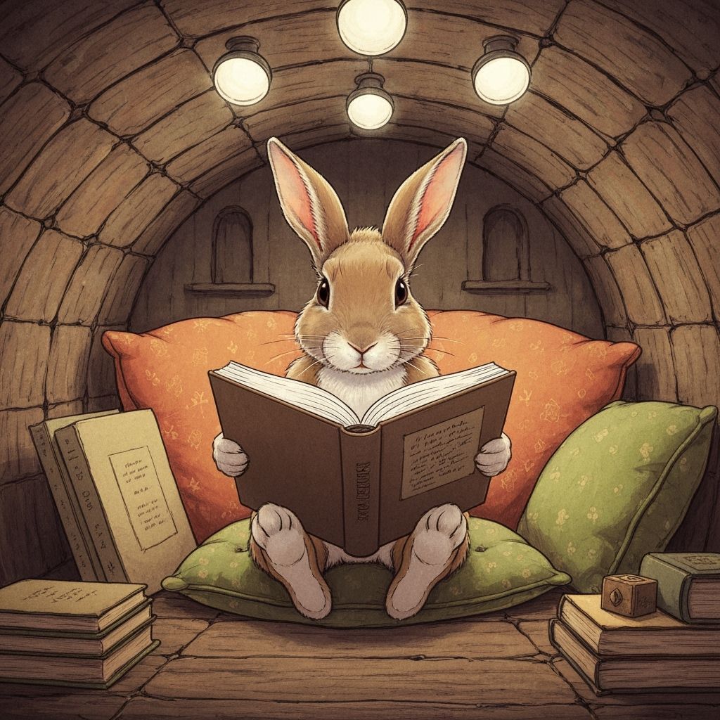 Rabbit Reading in Cosy Nook, Gouache Style