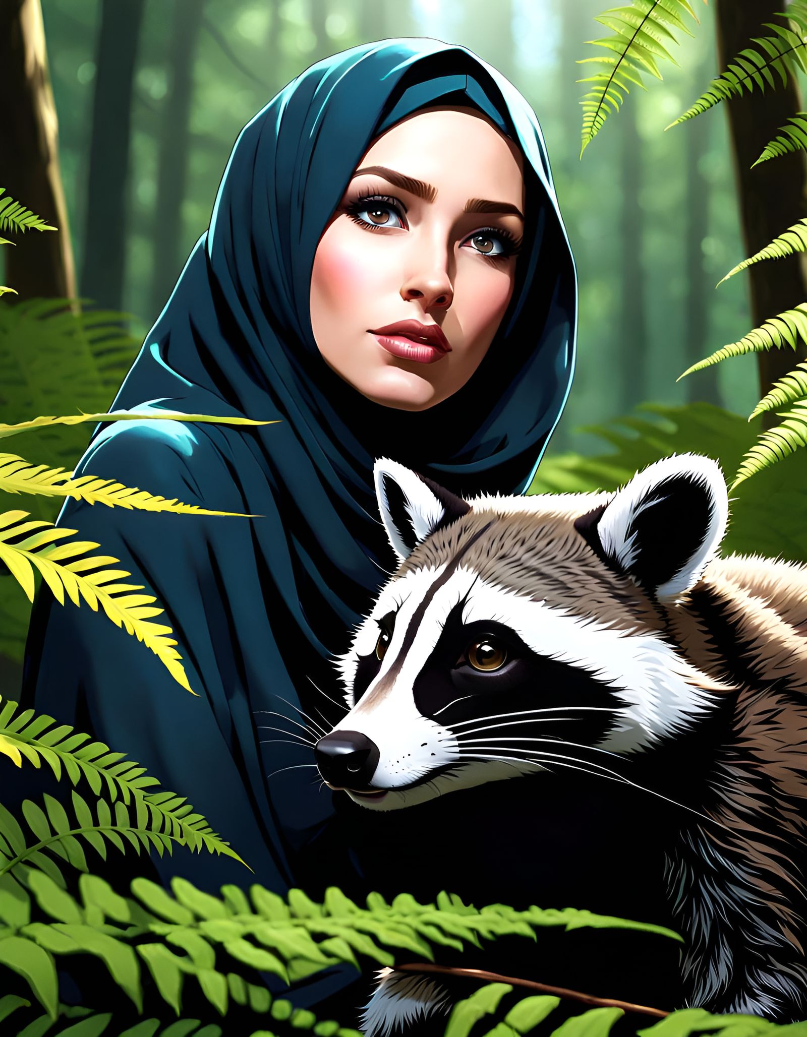 Woman Cuddling Raccoon in Forest: Ultra-Realistic Digital Ar...