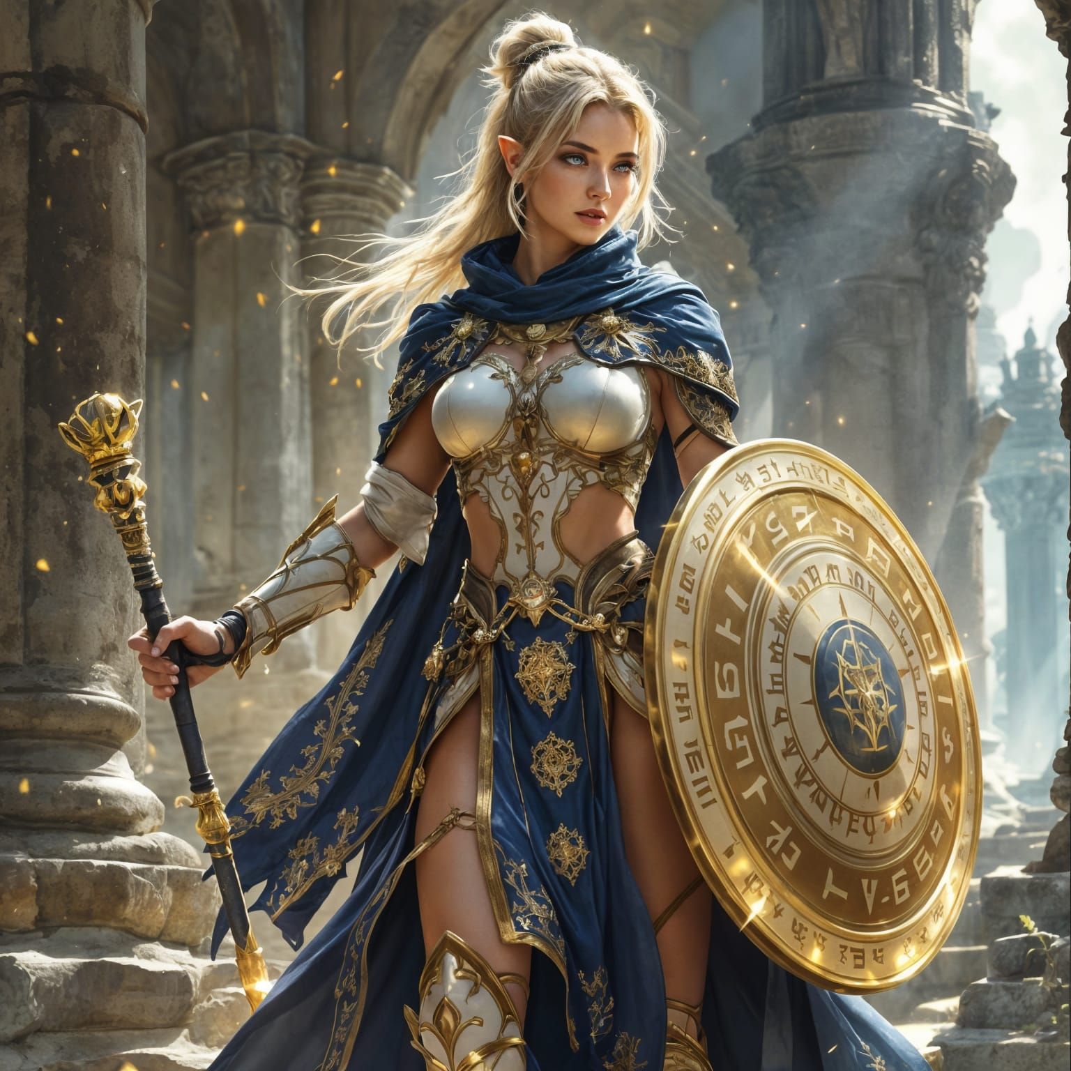 Fantasy Elf Priestess in Temple Ruins
