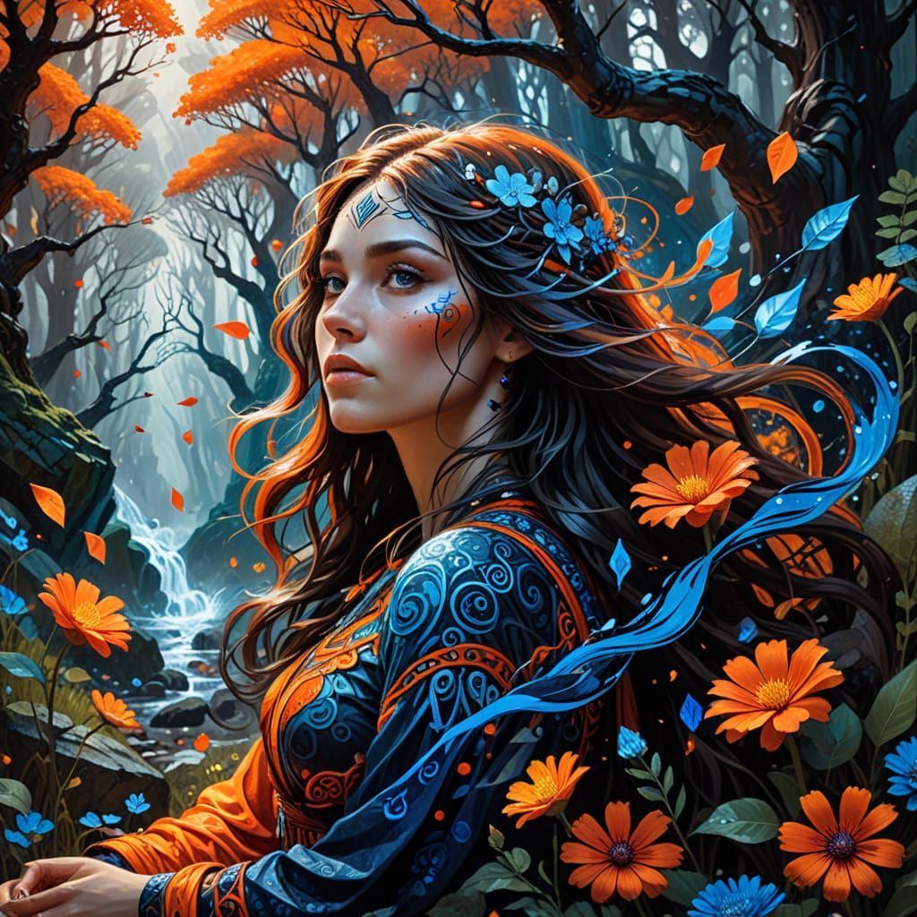 Ancient Woman in Mystical Forest, Pop Art Style