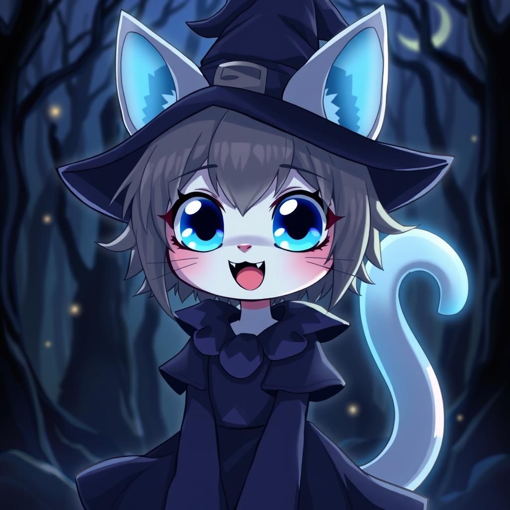 Spooky Cute Anime Catgirl Witch in Haunted Forest