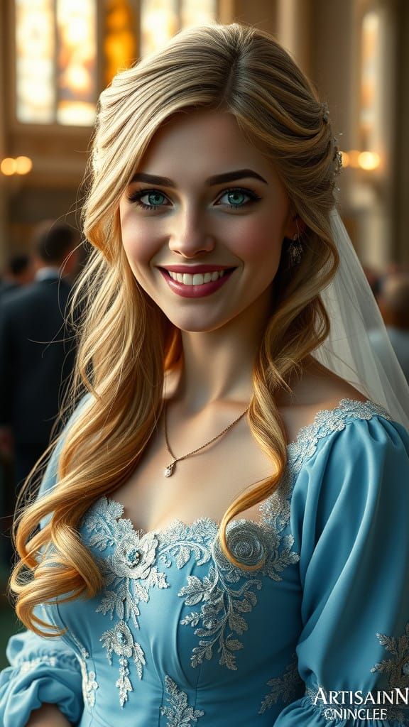 Elegant Victorian Bridesmaid in Blue at a Whimsical Church