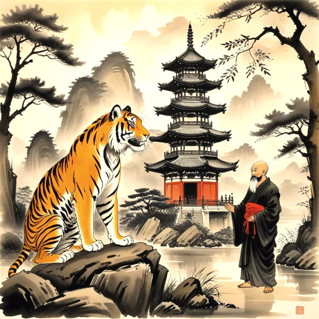 Bodhidharma Scolds Timid Tiger in Sumi-e Style