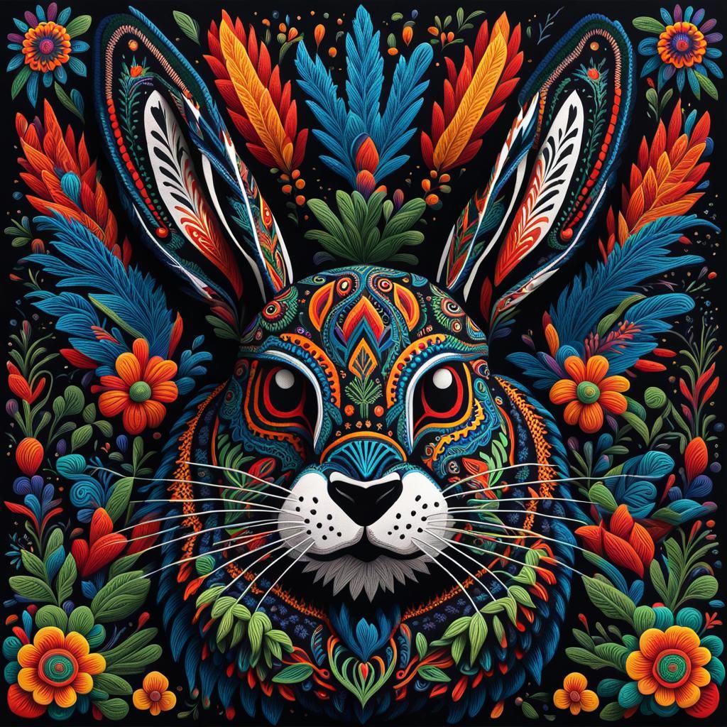 Hyperdetailed Angry Rabbit in Huichol Style