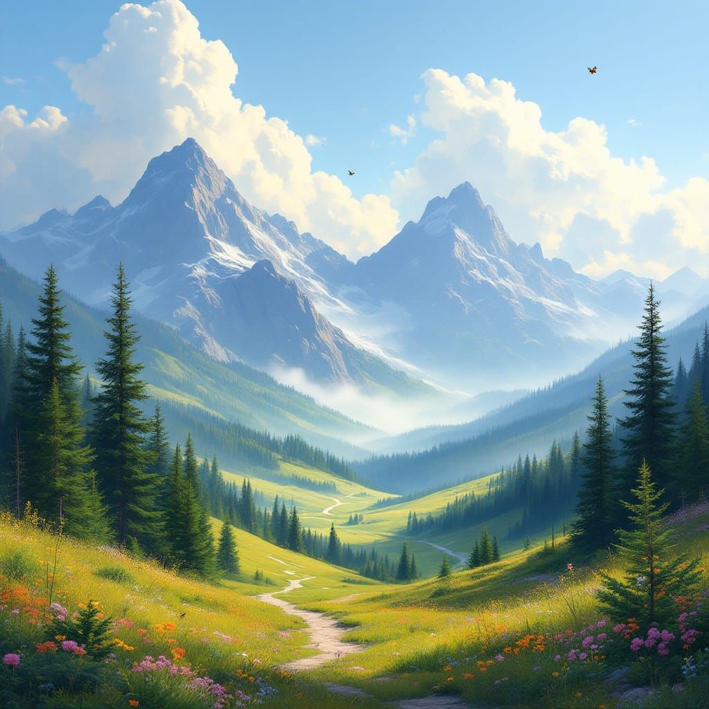Serene Mountain Landscape in Warm, Golden Light