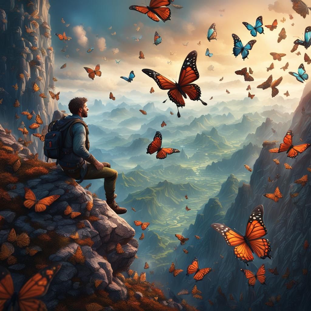 Butterflies Save Falling Person: Detailed Matte Painting
