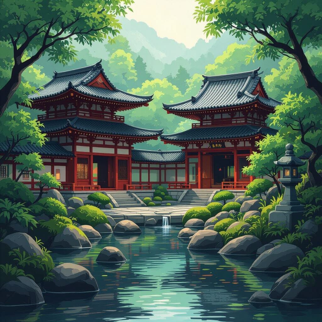 Tranquil Japanese Temples in Lush Greenery