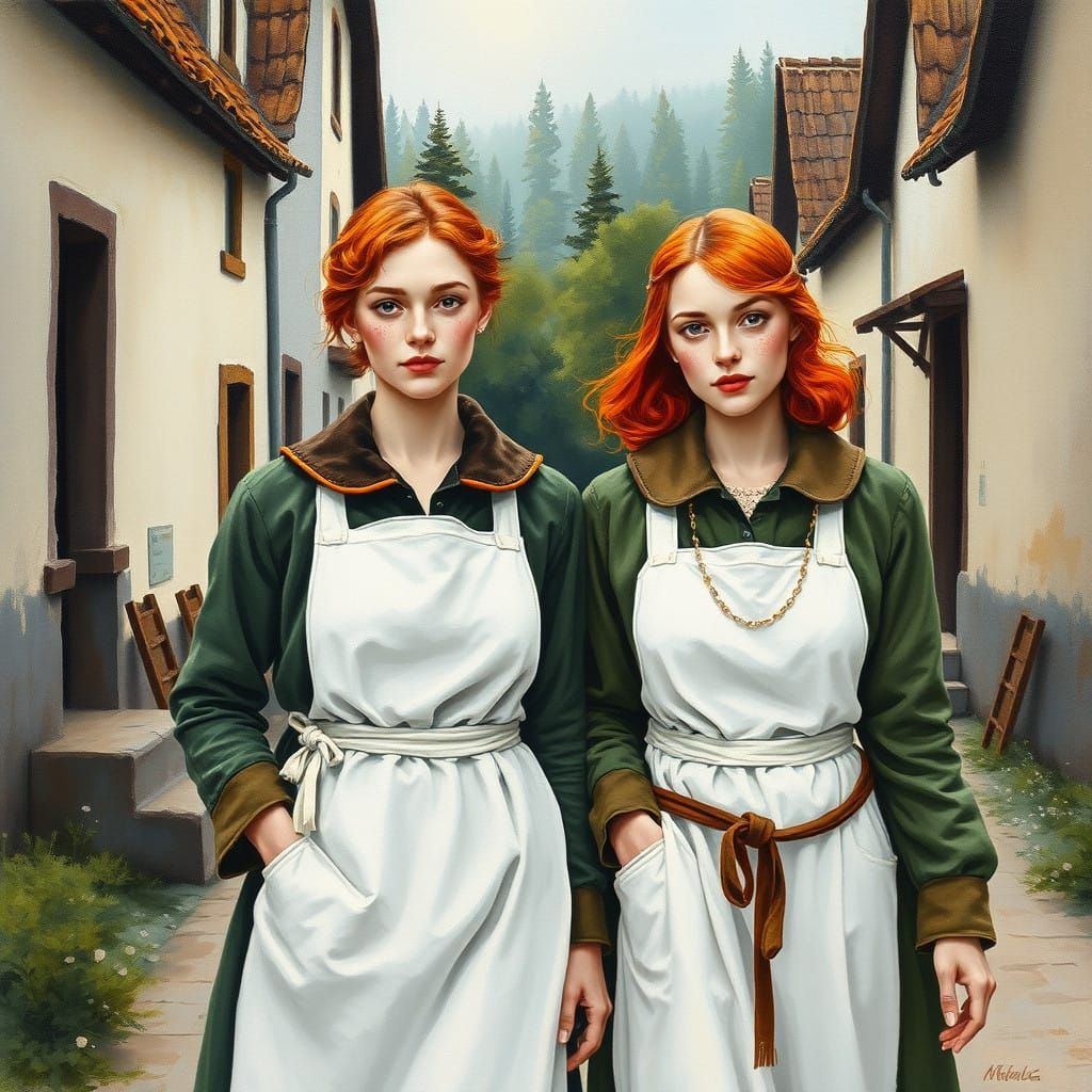 Whimsical Renaissance Women Stroll Through a Village Street