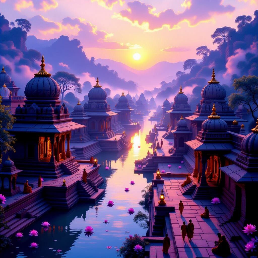 Ancient Vedic City at Dawn by Sacred River
