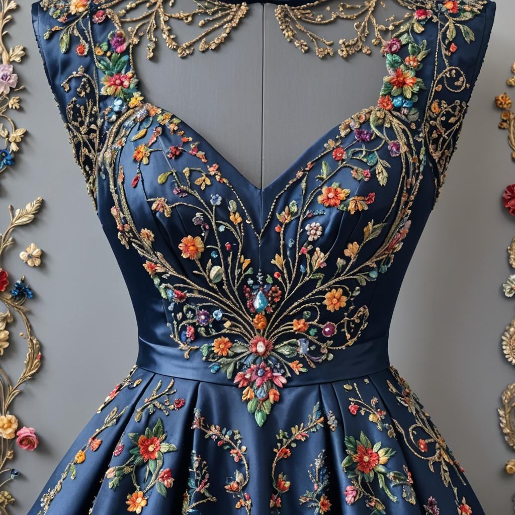 Dark Blue Satin Dress with Beaded Bodice