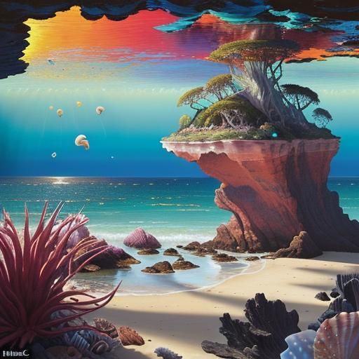Seashells on Sunlit Beach: Oil Painting in Surreal Style