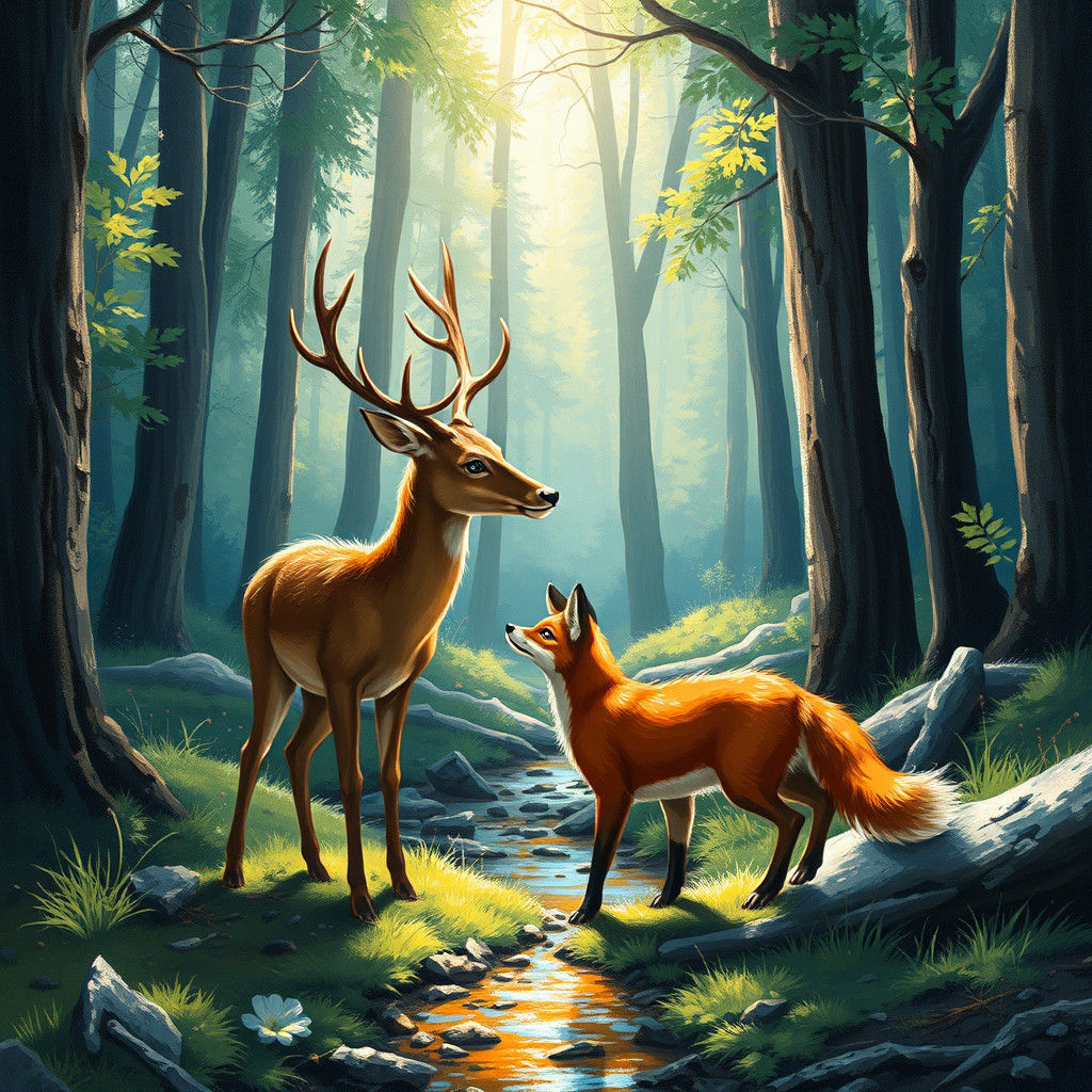 Deer and Fox Meeting in Forest: Cel-Shaded Anime Art