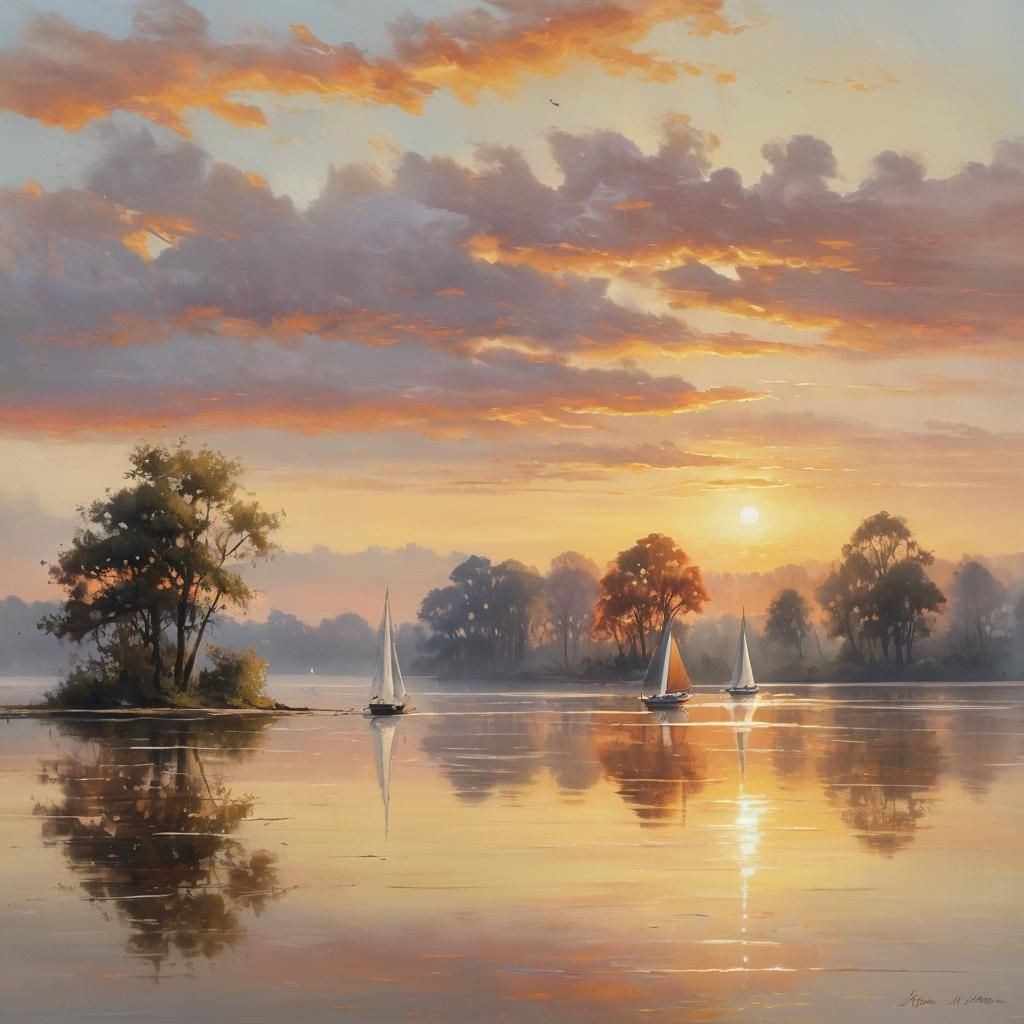 Misty Lake Sunrise: An Impressionist Oil Painting