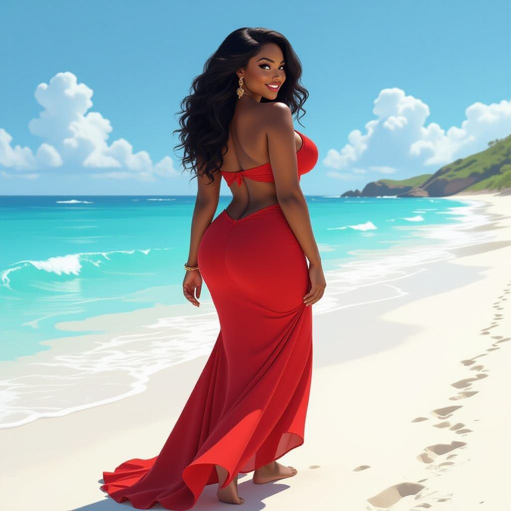 Curvy Woman on Beach: Detailed Matte Painting