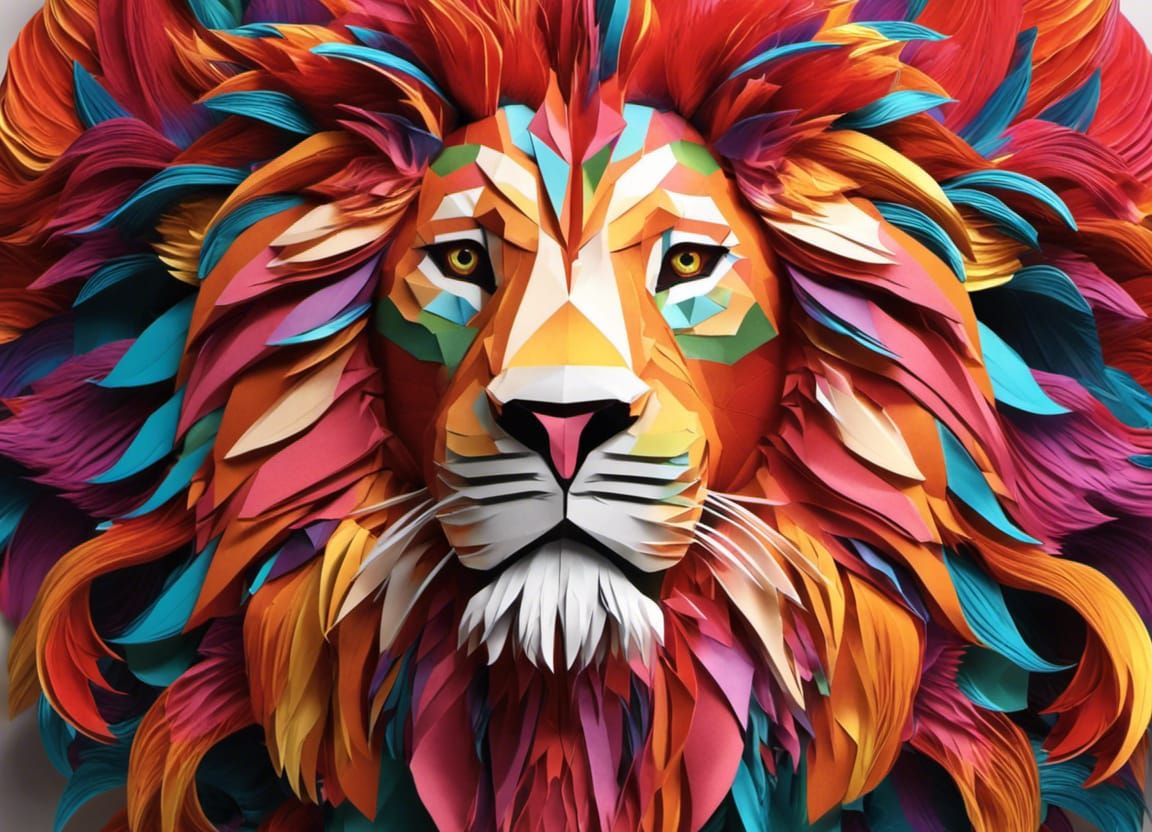 Intricate Origami Lion in Hyperrealistic 3D Render