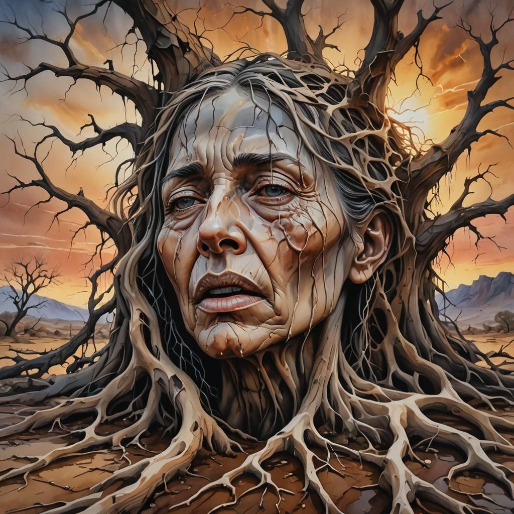 Mother Nature Weeping in Barren Landscape: Surreal Oil Paint...