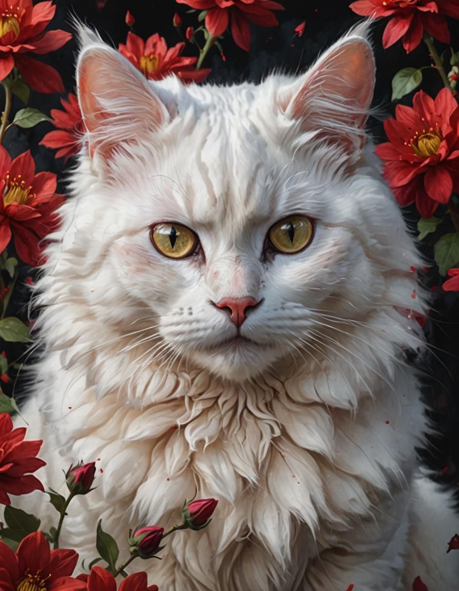 White Cat in Flowers: Digital Portrait Painting