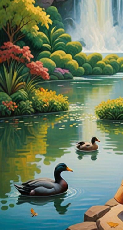 Botero-Inspired Landscape with Waterfall and Lake