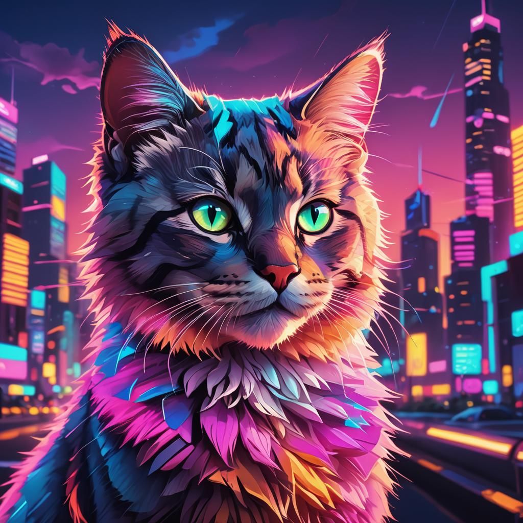 Cute Kitty in Synthwave Neon Retro Cityscape