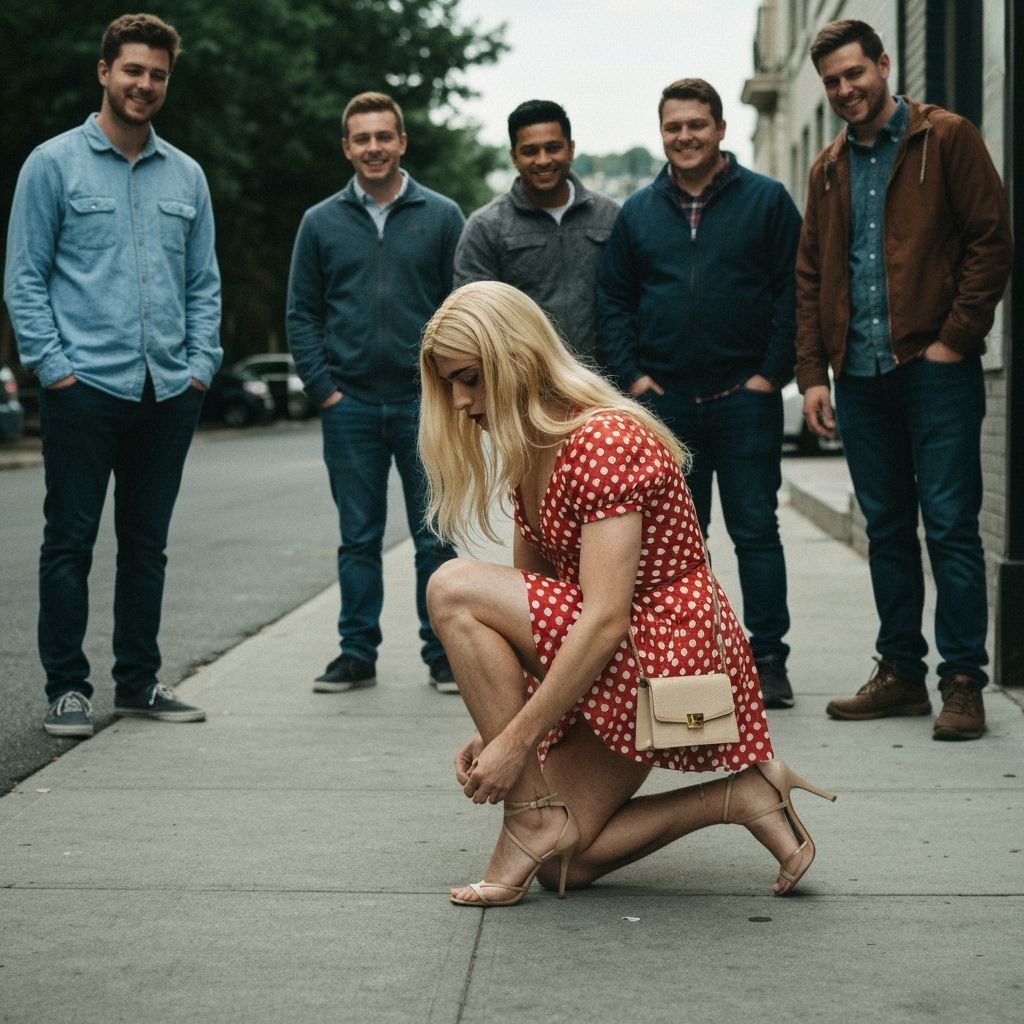 Shy Young Man in Vintage Dress Lacing Heels on Sidewalk