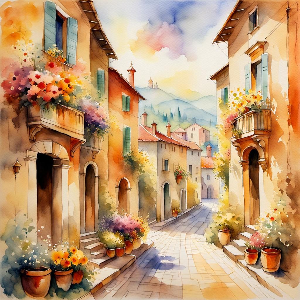 Italian Village Street as Watercolor Painting