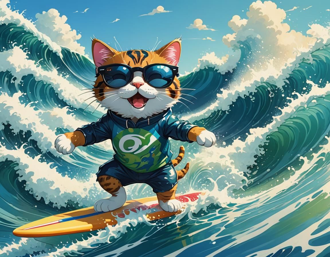 Cool Cat Surfing a Wave in Anime Style